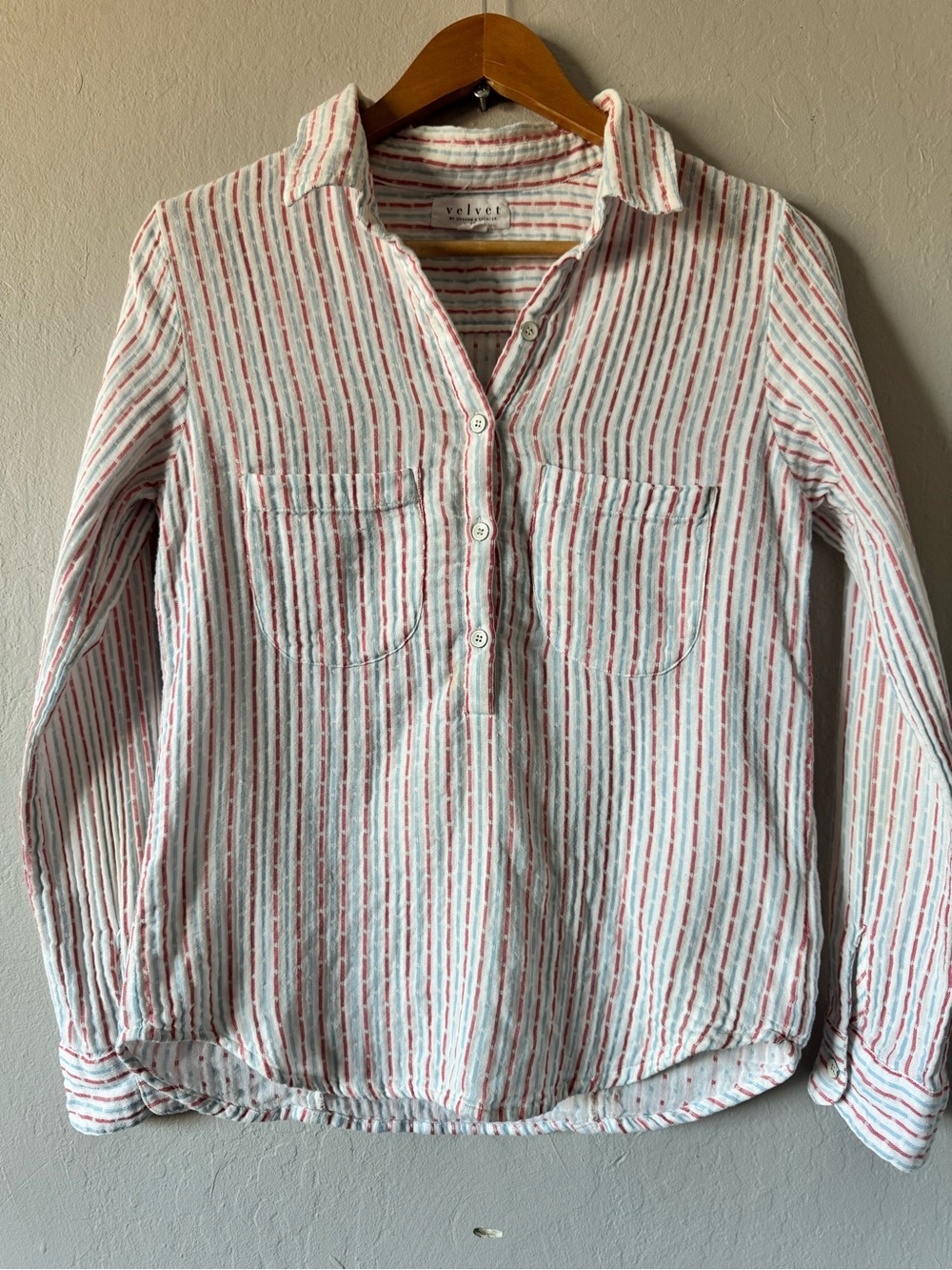 Velvet by Graham & Spencer White CottonTunic with Red & Blue Vertical Stripes XS